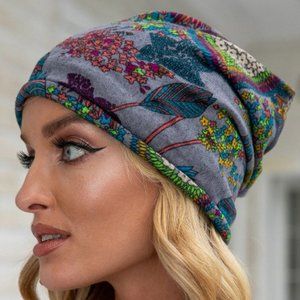 Gray Multicolor Toile Slouchy Beanie